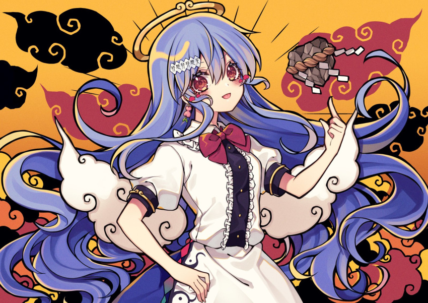 1girl :p apron blue_hair blue_skirt bow bowtie commentary_request earrings food fruit hair_between_eyes halo hand_on_hip hand_up highres hinanawi_tenshi index_finger_raised jewelry keystone kyouda_suzuka long_hair looking_at_viewer no_hat no_headwear peach red_eyes red_neckwear shide shirt short_sleeves skirt solo tongue tongue_out touhou translation_request upper_body white_shirt yellow_background