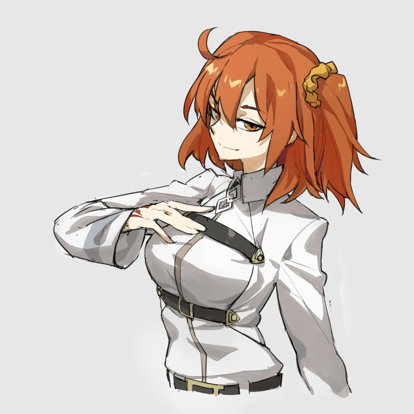 1girl ahoge blue_pupils chaldea_uniform closed_mouth eyebrows_visible_through_hair fate/grand_order fate_(series) fujimaru_ritsuka_(female) grey_background hair_between_eyes half-closed_eyes hand_tattoo highres lamian_(pixiv415608) medium_hair orange_eyes orange_hair ponytail scrunchie side_ponytail simple_background sketch sleeves_past_wrists smile solo tattoo yellow_scrunchie