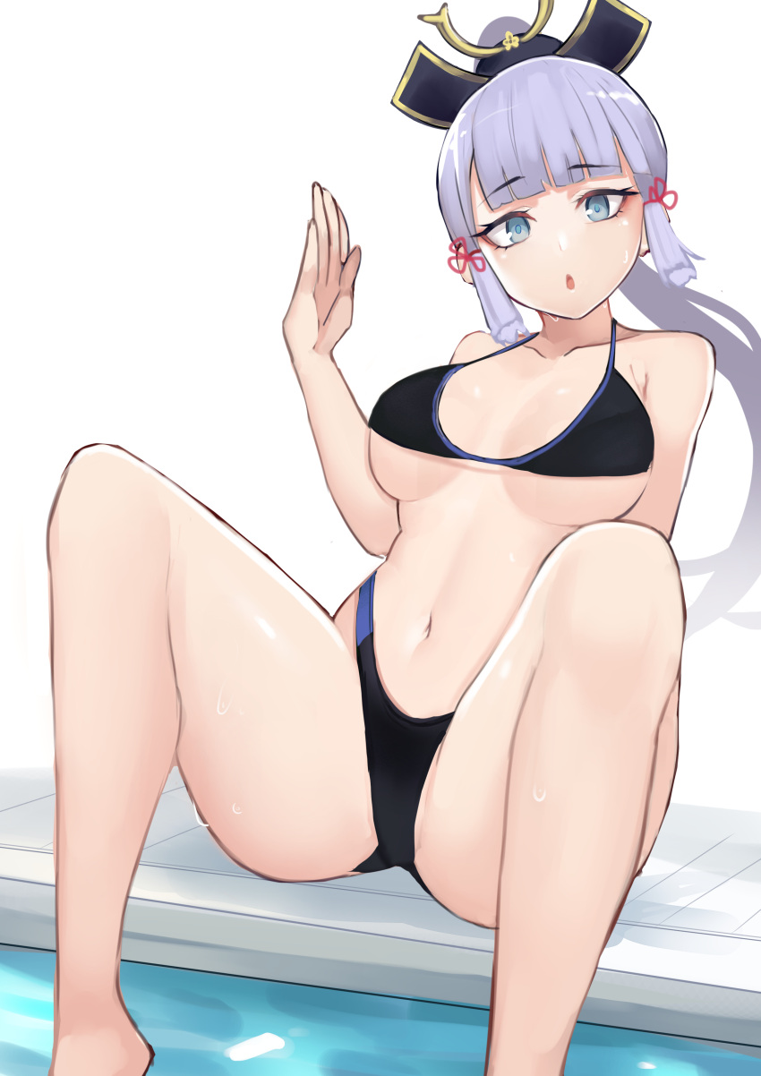 1girl :o absurdres ayaka_(genshin_impact) bangs bikini black_bikini blue_eyes blunt_bangs breasts chestnut_mouth eyebrows_visible_through_hair genshin_impact hair_ribbon hat highres homuntan looking_at_viewer medium_breasts ponytail pool poolside ribbon silver_hair simple_background sitting soaking_feet swimsuit water wet white_background