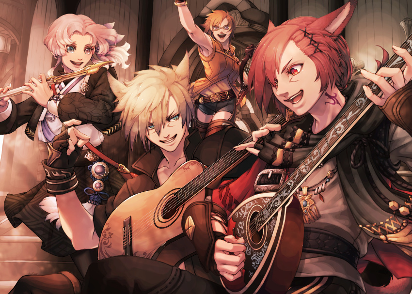 2boys 2girls absurdres animal_ears armpits bangs belt black_gloves blonde_hair blue_eyes boots bracelet brown_hair cat_ears cat_tail facial_mark final_fantasy final_fantasy_xiv fingerless_gloves g'raha_tia glasses gloves guitar harp heterochromia highres huge_filesize hyur instrument jewelry long_hair looking_at_another mihira_(tainosugatayaki) miqo'te mole mole_under_mouth multiple_boys multiple_girls neck_tattoo open_mouth pink_hair red_eyes redhead semi-rimless_eyewear short_hair shorts sleeveless slit_pupils smile tail tattoo thigh-highs thigh_boots under-rim_eyewear violet_eyes wrist_guards