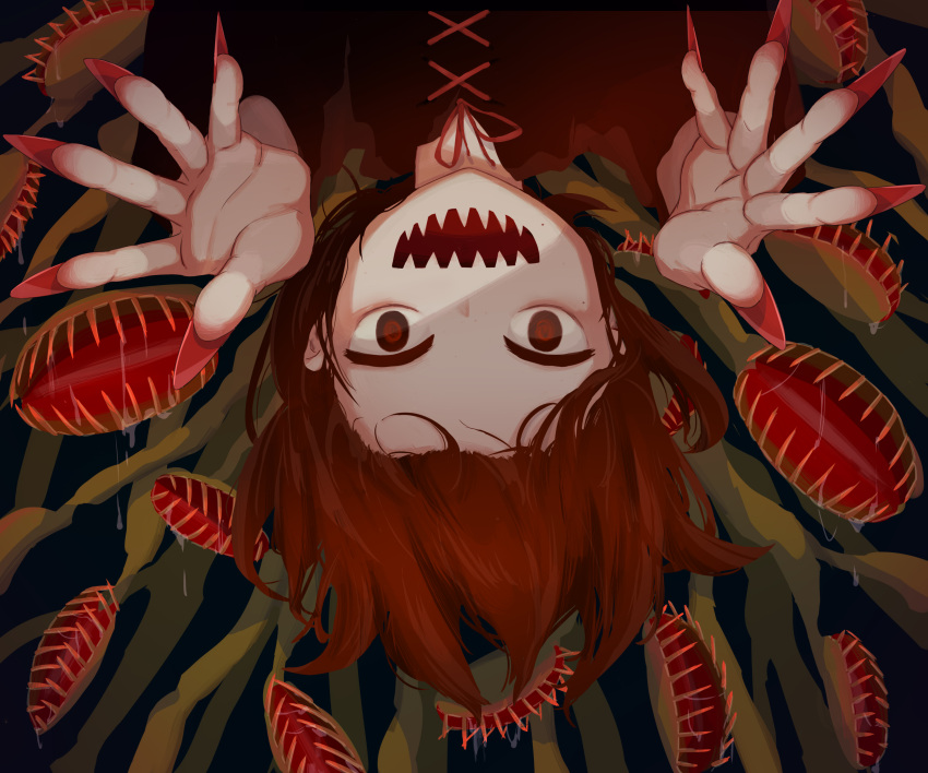 1girl :d absurdres avogado6 carnivorous_plant dress drooling fingernails highres long_fingernails long_sleeves looking_at_viewer nail_polish neck_ribbon open_mouth original reaching_out red_dress red_eyes red_nails red_neckwear red_ribbon redhead ribbon sharp_fingernails sharp_teeth smile solo teeth upside-down