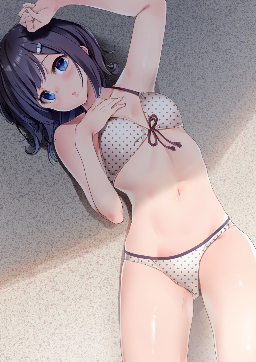 1girl absurdres arm_up bangs bare_arms bare_shoulders bikini black_hair blue_eyes blush breasts collarbone commentary_request eyebrows_behind_hair front-tie_bikini front-tie_top hair_ornament hand_up highres looking_at_viewer lying maechuu navel on_back original parted_lips polka_dot polka_dot_bikini small_breasts solo swimsuit white_bikini