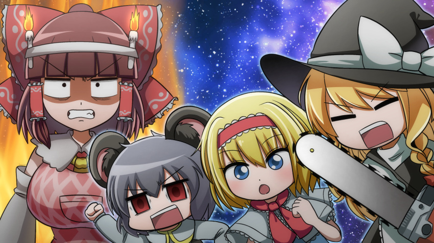 4girls alice_margatroid angry animal_ear_fluff animal_ears apron ascot aura bags_under_eyes bangs black_dress black_eyes blonde_hair blouse blue_dress blue_eyes blunt_bangs blush bow braid breasts brown_hair buttons candle capelet clenched_hand clenched_teeth closed_eyes collared_shirt comedy commentary_request constricted_pupils cookie_(touhou) cowboy_shot detached_sleeves dress empty_eyes eyebrows_visible_through_hair eyes_visible_through_hair fire flame frilled_ascot frilled_bow frilled_capelet frilled_hairband frilled_shirt_collar frills grey_hair grey_vest hair_between_eyes hair_bow hair_tubes hairband hakurei_reimu hashihime hat headband highres holding_chainsaw ichigo_(cookie) kirisame_marisa kusaremix large_breasts layered_clothing lolita_hairband long_hair long_sleeves looking_at_viewer looking_away medium_hair mouse_ears mouse_girl multiple_girls nazrin nontraditional_miko nyon_(cookie) open_mouth pink_apron pink_hairband red_bow red_eyes red_shirt rurima_(cookie) shiny shiny_hair shirt short_hair side_braid sidelocks single_braid sky sleeveless sleeveless_shirt star_(sky) starry_sky suzu_(cookie) teeth touhou upper_body upper_teeth vest waist_apron white_blouse white_bow white_capelet white_shirt white_sleeves witch_hat yellow_neckwear