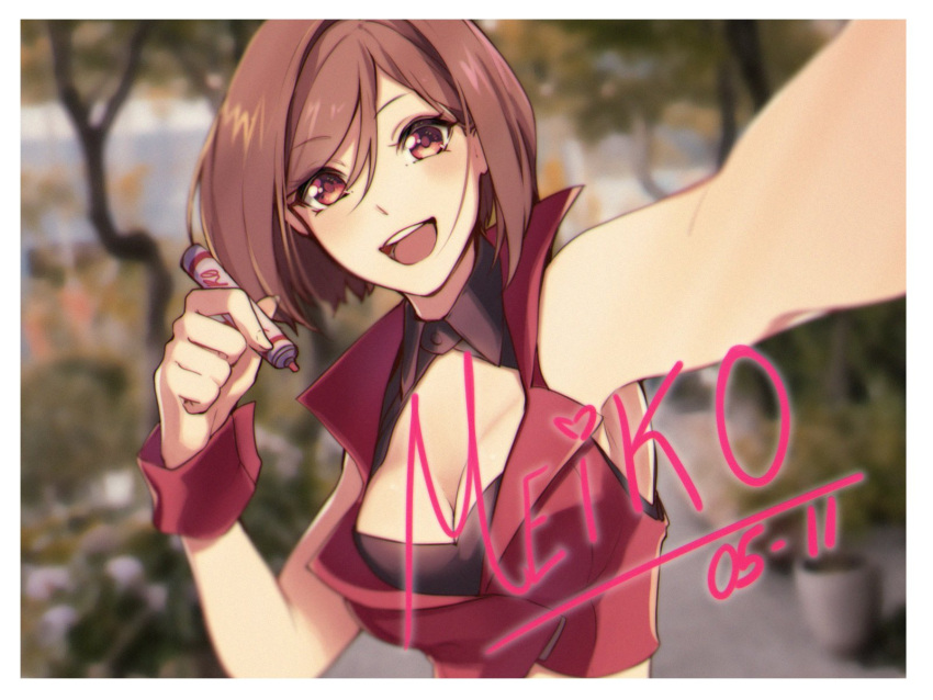 1girl birthday black_bra blurry blurry_background bra brown_eyes brown_hair commentary crop_top dated english_commentary foreshortening highres holding holding_marker jacket looking_at_viewer marker meiko open_mouth outstretched_arm plant red_jacket self_shot short_hair smile solo tree underwear upper_body vocaloid wrist_cuffs yen-mi