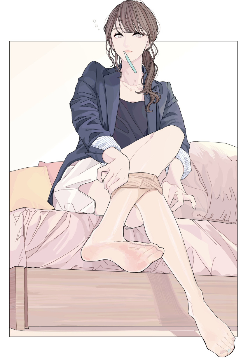 1girl adjusting_clothes adjusting_legwear bed brown_hair convenient_leg dressing expressionless feet full_body grey_eyes highres jacket jewelry kko_(um7mr) legs long_hair necklace no_shoes original pantyhose ponytail sheer_legwear sitting skirt solo tights_day toothbrush toothbrush_in_mouth