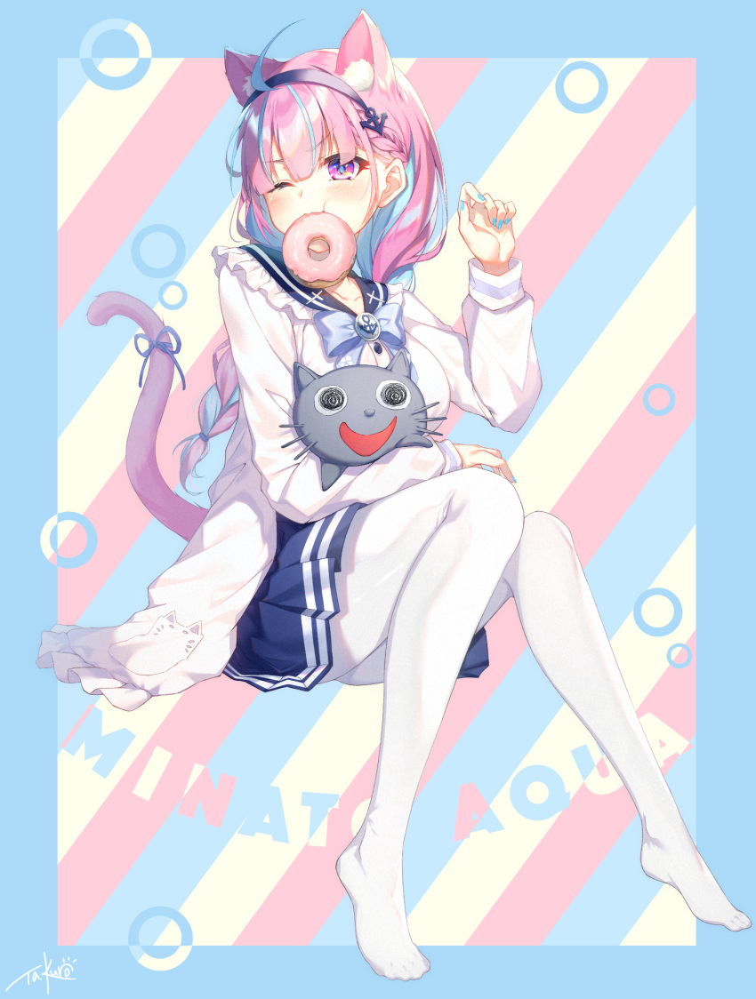 1girl :t anchor_hair_ornament animal_ear_fluff animal_ears bangs blue_hair blue_hairband blue_nails blue_ribbon blue_sailor_collar blue_skirt blush breasts cat_ears cat_girl cat_tail character_name closed_mouth commentary diagonal_stripes doughnut eyebrows_visible_through_hair food food_in_mouth frilled_sailor_collar frills full_body hair_between_eyes hair_ornament hairband hand_up highres hololive jacket knees_together_feet_apart long_sleeves medium_breasts minato_aqua mouth_hold multicolored_hair nail_polish neko_(minato_aqua) no_shoes open_clothes open_jacket pantyhose pink_hair pleated_skirt ribbon sailor_collar shirt signature sitting skirt sleeves_past_wrists striped striped_background tail tail_raised tail_ribbon taku3949 two-tone_hair v-shaped_eyebrows violet_eyes virtual_youtuber white_jacket white_legwear white_shirt