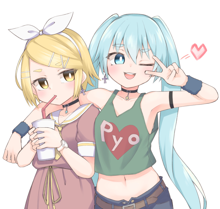 2girls ;d absurdres alternate_costume aqua_hair bangs belt black_choker blonde_hair breasts brown_belt brown_dress choker collarbone commentary_request cross cross_earrings dress drinking drinking_straw drinking_straw_in_mouth earrings eyebrows_visible_through_hair hair_ornament hairclip hatsune_miku heart highres holding jewelry kagamine_rin long_hair looking_at_another midriff multiple_girls navel one_eye_closed open_clothes open_mouth open_shorts short_hair short_sleeves shorts sideways_glance small_breasts smile stomach tank_top twintails upper_teeth v v_over_eye very_long_hair vocaloid white_background yumoto_motoyu