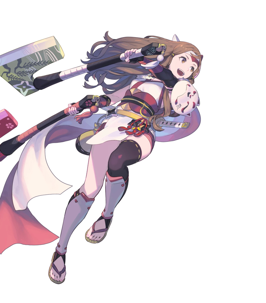 1girl armor asymmetrical_legwear asymmetrical_sleeves axe bangs battle_axe breasts brown_eyes brown_hair detached_sleeves dual_wielding elbow_gloves enkyo_yuuichirou fingerless_gloves fire_emblem fire_emblem_fates fire_emblem_heroes fox_mask full_body gloves hana_(fire_emblem) headband highres holding holding_weapon japanese_clothes long_hair looking_away mask medium_breasts ninja obi official_art open_mouth pelvic_curtain sandals sash scarf shin_guards shiny shiny_hair shoulder_armor shuriken smile solo sword thigh-highs tied_hair toes transparent_background weapon