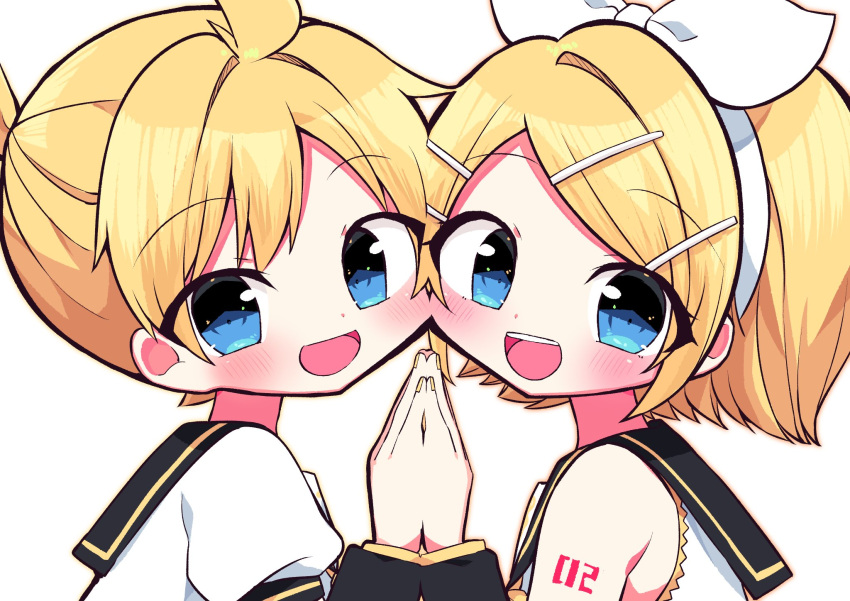 1boy 1girl bangs bare_shoulders black_collar black_sleeves blonde_hair blue_eyes blush bow brother_and_sister cheek-to-cheek collar commentary detached_sleeves from_side hair_bow hair_ornament hairclip hands_together highres kagamine_len kagamine_rin kasaki_sakura looking_at_viewer looking_to_the_side necktie open_mouth sailor_collar school_uniform shirt short_hair short_ponytail shoulder_tattoo siblings side-by-side sleeveless sleeveless_shirt smile spiky_hair swept_bangs symmetry tattoo twins upper_body vocaloid white_background white_bow white_shirt yellow_neckwear