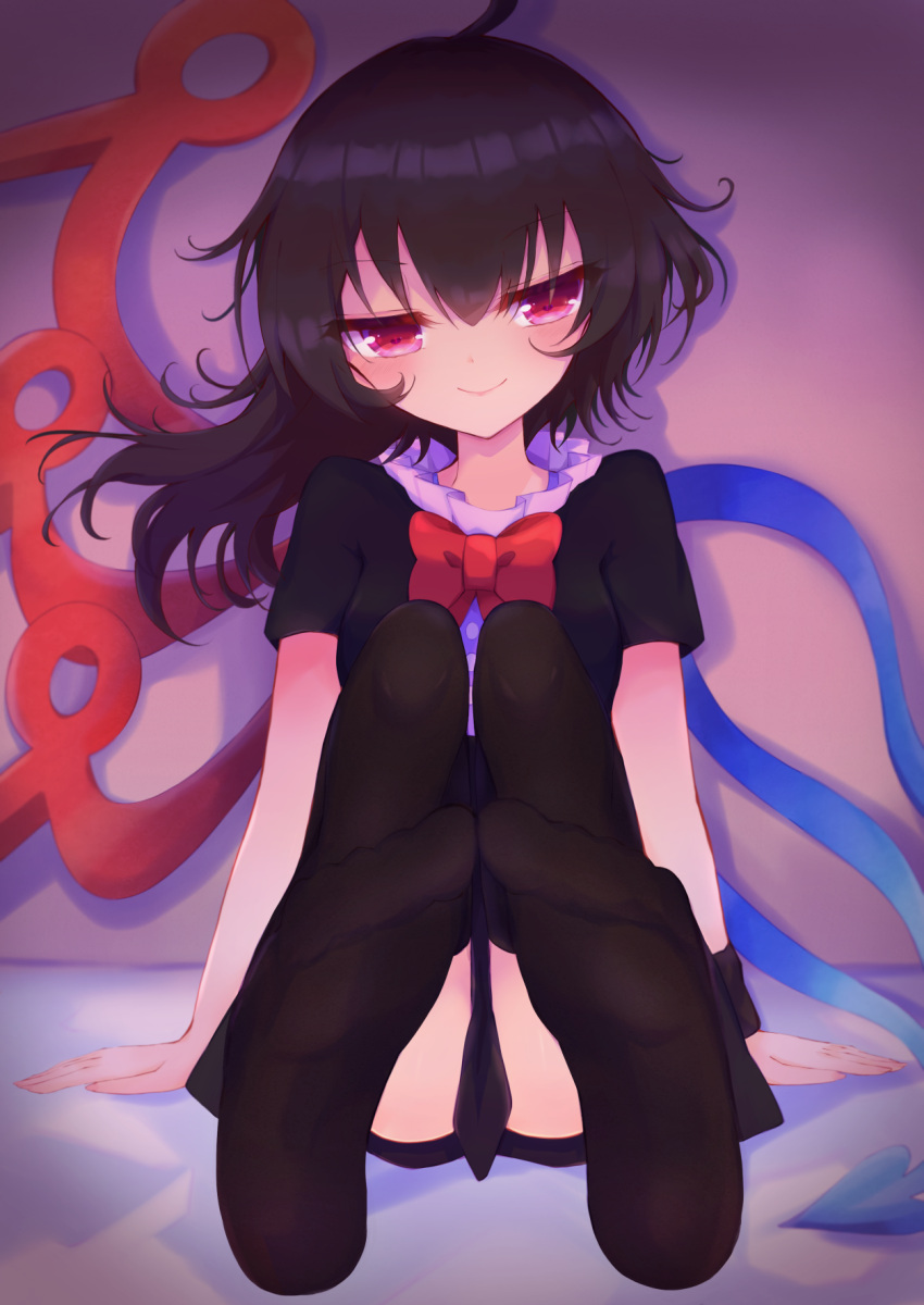 1girl arms_at_sides asymmetrical_wings bangs black_dress black_hair black_legwear blue_wings blush bow bowtie breasts buttons center_frills closed_mouth commentary dress eyebrows_visible_through_hair eyes_visible_through_hair feet frilled_dress frills full_body hair_between_eyes highres houjuu_nue looking_at_viewer medium_hair no_shoes red_bow red_eyes red_neckwear red_wings shiny shiny_hair short_dress short_sleeves sitting small_breasts smile soles solo thigh-highs tomoe_(fdhs5855) touhou wings wristband
