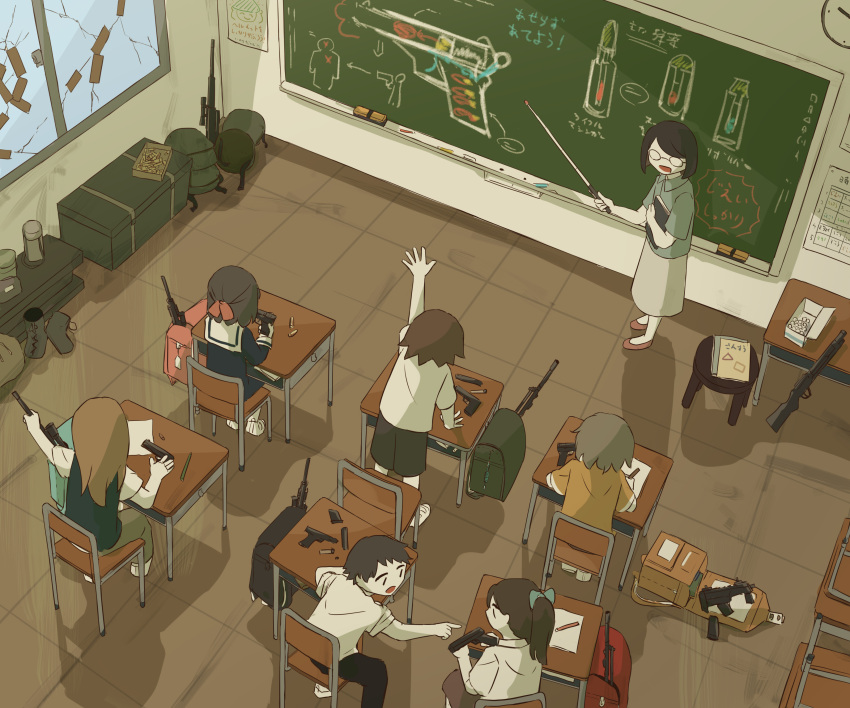 3boys 4girls :d absurdres assault_rifle avogado6 backpack bag black_hair black_pants blue_bow blue_shirt bob_cut book bow broken_window brown_hair bullet chair chalkboard chalkboard_sign classroom desk from_above from_behind glasses grey_skirt gun hair_bow hand_up highres holding holding_book holding_gun holding_stick holding_weapon indoors long_sleeves multiple_boys multiple_girls opaque_glasses open_mouth original pants ponytail randoseru red_footwear rifle school school_chair school_desk school_uniform serafuku shirt shoes shotgun skirt smile sniper_rifle standing stick teacher weapon white_shirt yellow_shirt