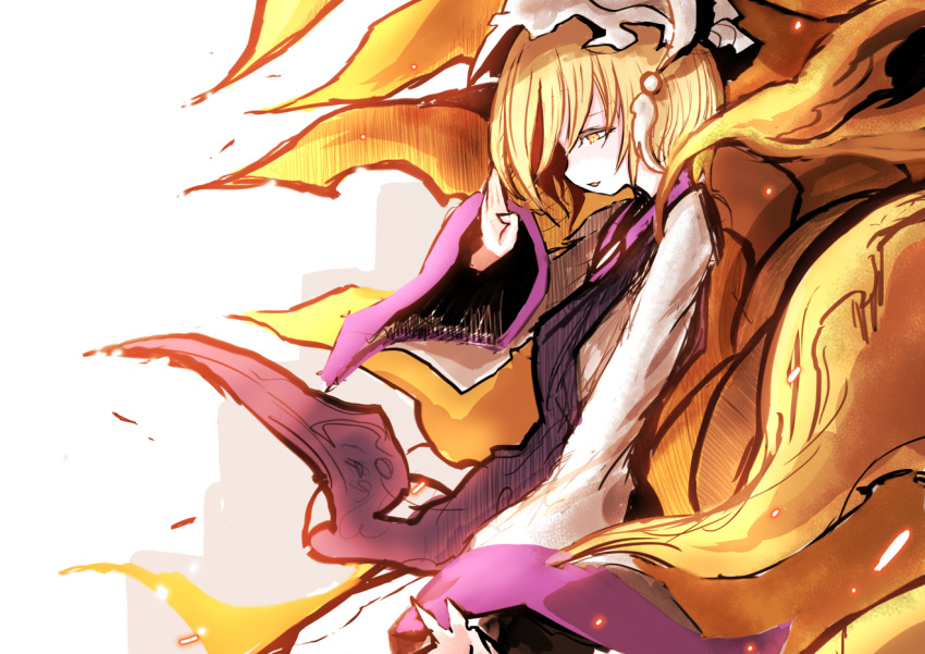 1girl bangs blonde_hair breasts dress fox_tail hand_up hat jewelry kitsune long_sleeves looking_down multiple_tails open_hands open_mouth pillow_hat short_hair simple_background solo tabard tail touhou white_background white_dress white_headwear wide_sleeves yakumo_ran yellow_eyes