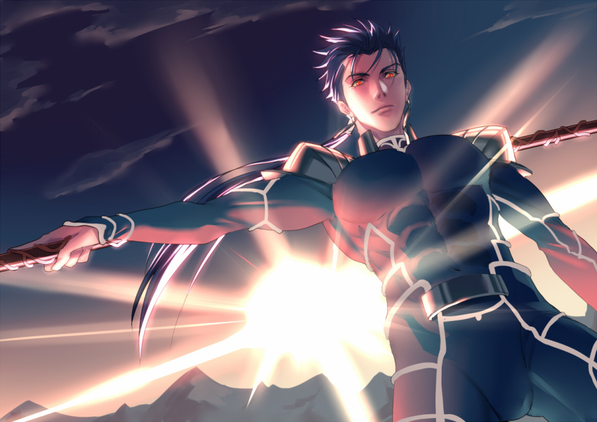 1boy abs arm_up armor blue_hair bodysuit bulge closed_mouth clouds cowboy_shot cu_chulainn_(fate)_(all) day earrings eilinna fate/stay_night fate_(series) gae_bolg holding holding_weapon jewelry lancer long_hair looking_at_viewer male_focus mountain muscle outdoors pauldrons pectorals polearm ponytail red_eyes shoulder_armor skin_tight sky slit_pupils solo spiky_hair sun sunlight sunrise type-moon weapon
