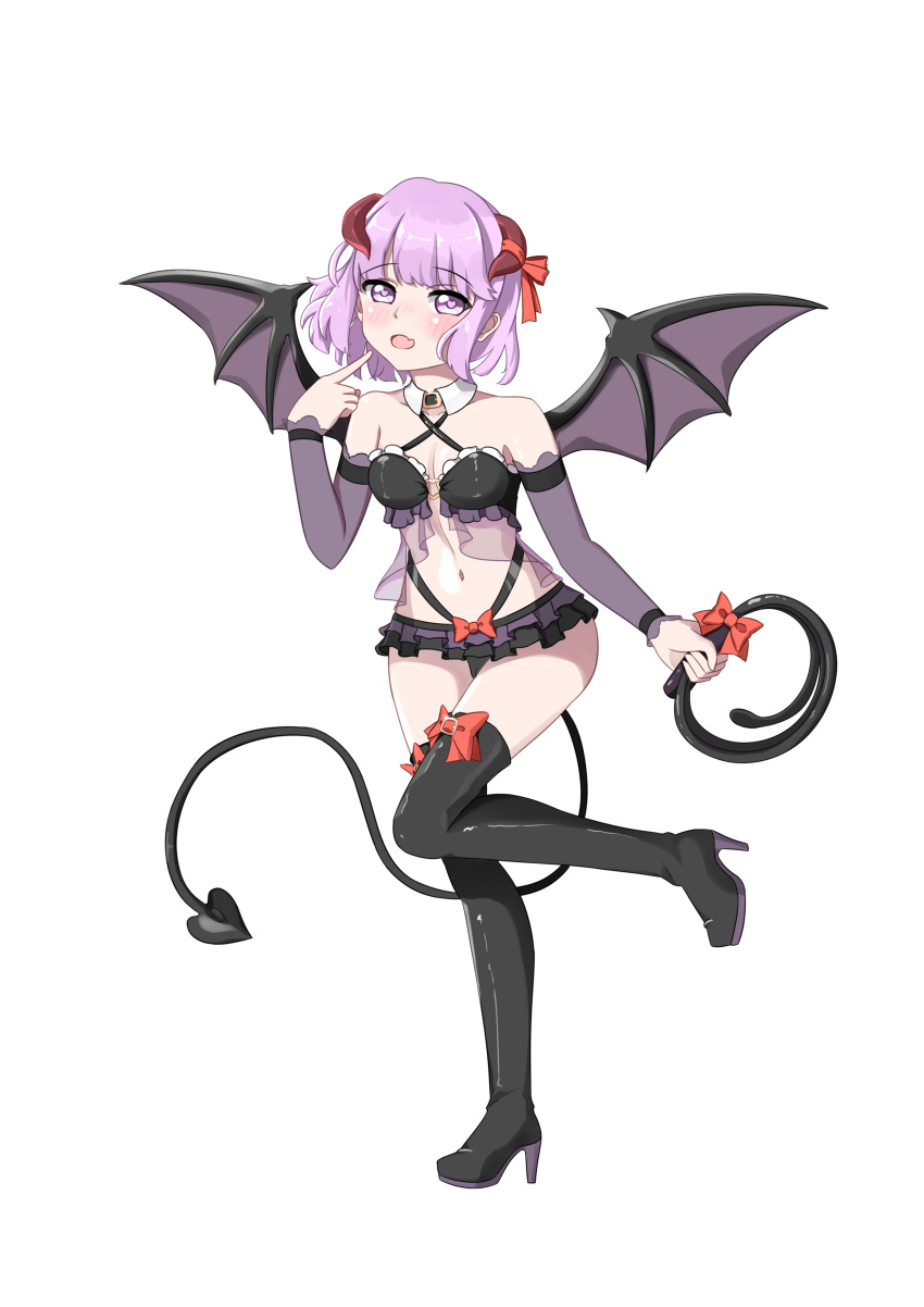 1girl absurdres boots breasts demon_girl highres mao_xin'ai original purple_hair short_hair small_breasts succubus tail thigh-highs thigh_boots violet_eyes wings