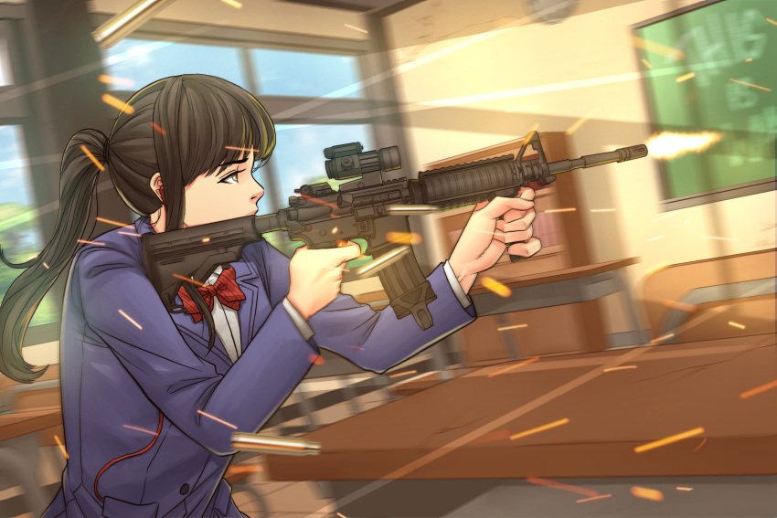 absurdres assault_rifle black_hair earpiece gun highres komi-san_wa_komyushou_desu komi_shouko ponytail rifle school_uniform scope serious shell_casing weapon