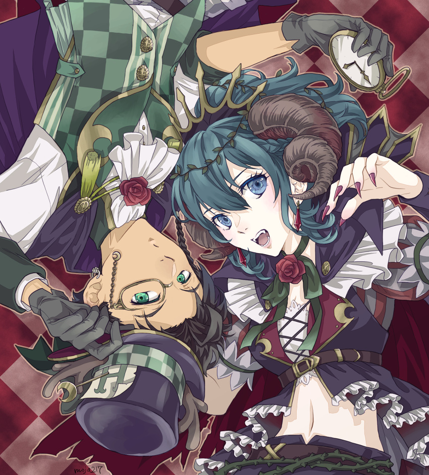 1boy 1girl bangs belt black_headwear black_shorts black_vest blue_eyes blue_hair braid breasts brown_belt brown_hair byleth_(fire_emblem) byleth_eisner_(female) cape checkered checkered_background checkered_vest claude_von_riegan commentary_request costume_request cravat crop_top curled_horns dark_skin dark_skinned_male earrings eyebrows_visible_through_hair fangs fingernails fire_emblem fire_emblem:_three_houses flower gloves green_eyes green_neckwear green_vest grey_gloves hair_between_eyes hair_ornament halloween halloween_costume hat highres holding holding_clothes holding_hat holding_pocket_watch horns ichii_k jewelry long_fingernails long_hair looking_at_viewer lower_teeth medium_breasts midriff mismatched_sleeves monocle navel neck_ribbon open_mouth pocket_watch puffy_short_sleeves puffy_sleeves purple_cape red_cape red_flower red_nails red_rose ribbon rose shirt short_hair short_sleeves shorts sidelocks thorns top_hat twitter_username underbust upper_body upper_teeth vest watch white_shirt