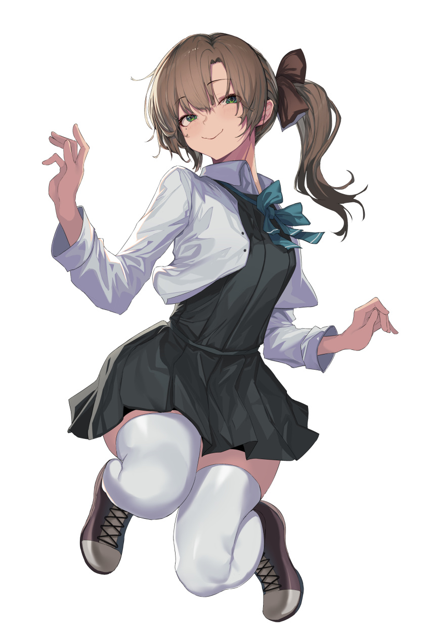 1girl absurdres akigumo_(kantai_collection) aqua_bow aqua_neckwear black_dress blush bow bowtie brown_hair closed_mouth dress eyebrows_visible_through_hair full_body green_eyes hair_between_eyes highres kantai_collection long_hair long_sleeves mole mole_under_eye oweee pleated_dress ponytail remodel_(kantai_collection) simple_background smile solo thigh-highs white_background white_legwear