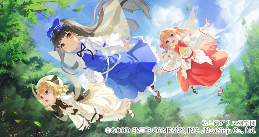 3girls ankle_boots bangs black_footwear black_hair black_neckwear black_ribbon blonde_hair blue_dress blue_eyes blue_sky blunt_bangs boots bow bowtie chestnut_mouth clouds cravat day dress drill_hair fairy_wings flying forest from_below hair_between_eyes hair_bow hat headdress highres light_smile long_hair long_sleeves looking_at_viewer looking_down looking_to_the_side luna_child mary_janes multiple_girls nature open_mouth outdoors outstretched_arms pantyhose red_eyes red_skirt redhead ribbon saraki shirt shoes skirt sky spread_arms star_sapphire sunny_milk touhou touhou_lost_word twin_drills two_side_up very_long_hair watermark white_dress white_footwear white_legwear white_shirt wings yellow_eyes yellow_neckwear