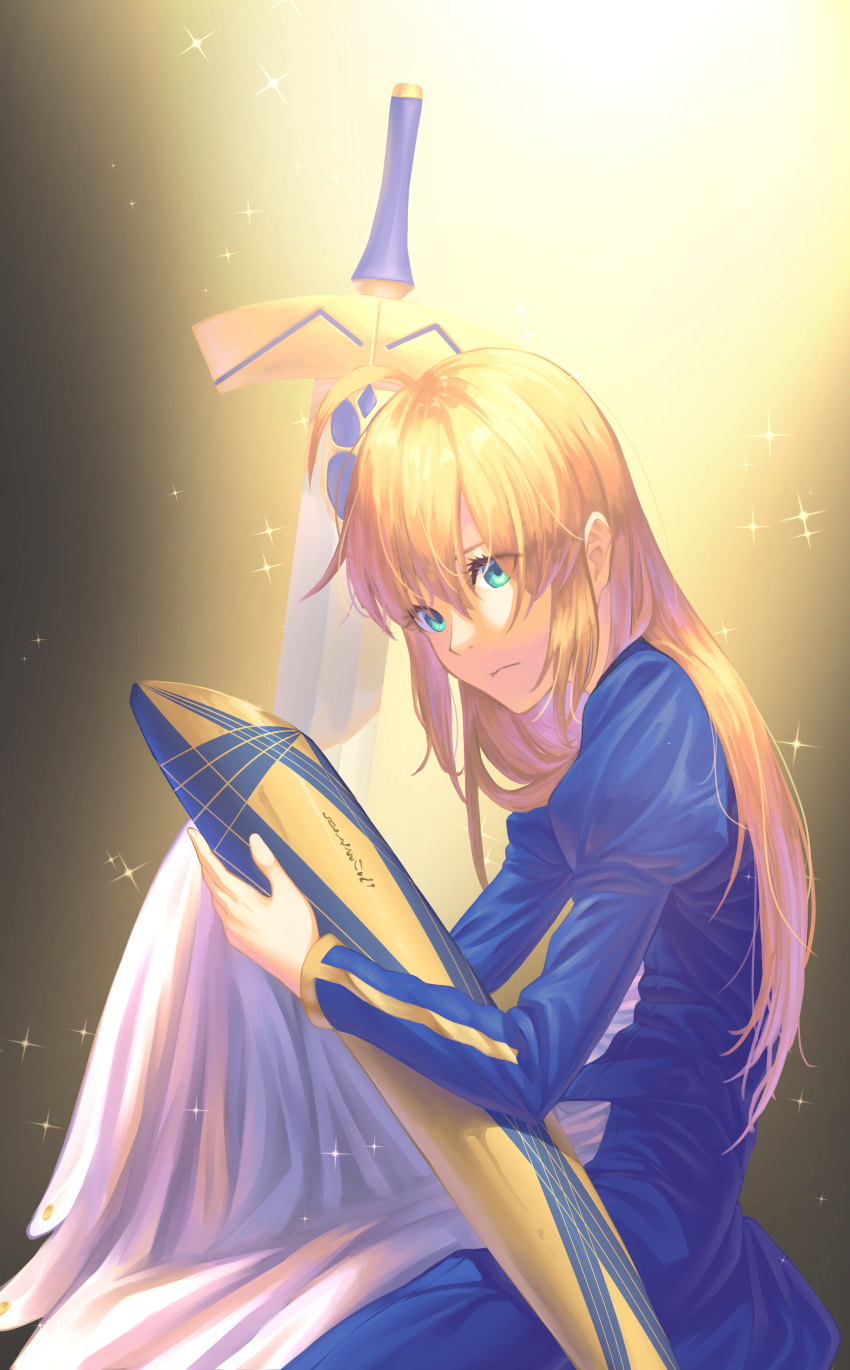 1girl absurdres artoria_pendragon_(all) bangs blonde_hair blue_dress blue_eyes closed_mouth dress excalibur fate/stay_night fate_(series) from_side hair_between_eyes highres long_hair long_sleeves saber scabbard sheath shiny shiny_hair sitting skimun solo straight_hair very_long_hair white_dress