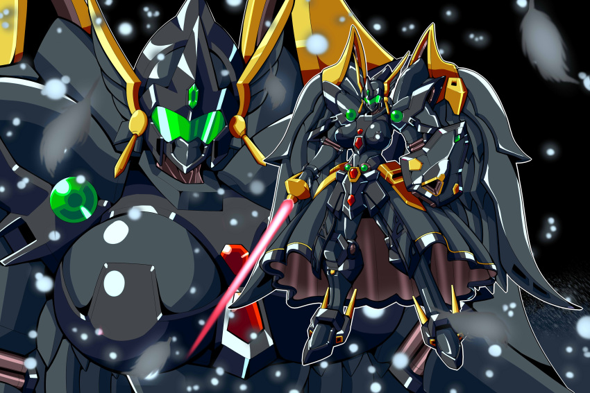 absurdres alternate_color angelg breasts energy_sword highres holding holding_sword holding_weapon large_breasts looking_at_viewer mecha mechanical_skirt mechanical_wings glasseson multiple_views no_humans shield standing super_robot_wars super_robot_wars_original_generation sword visor weapon wings