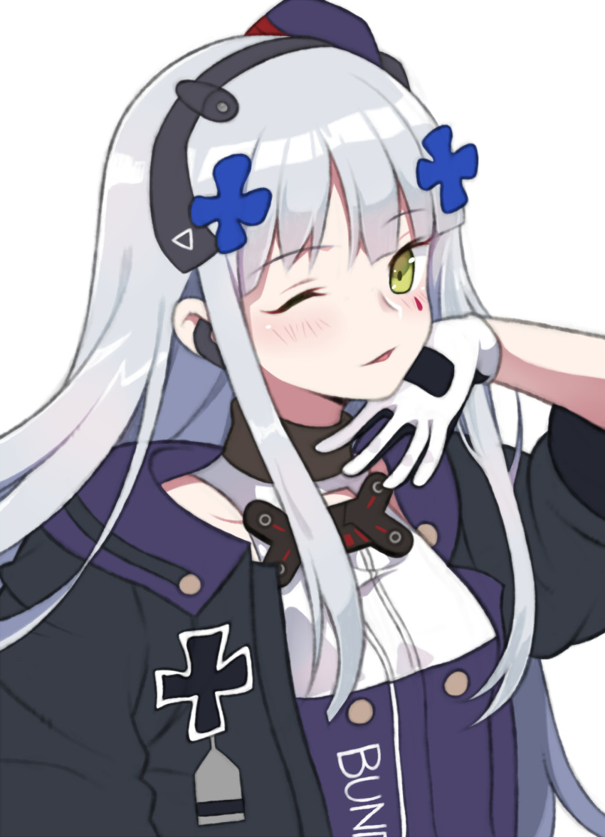 1girl bangs blush commentary_request facial_mark girls_frontline gloves green_eyes hair_ornament hairband hat highres hk416_(girls_frontline) jacket jjuwaap korean_commentary long_hair looking_at_viewer mod3_(girls_frontline) official_alternate_costume one_eye_closed sidelocks silver_hair solo teardrop white_background white_gloves