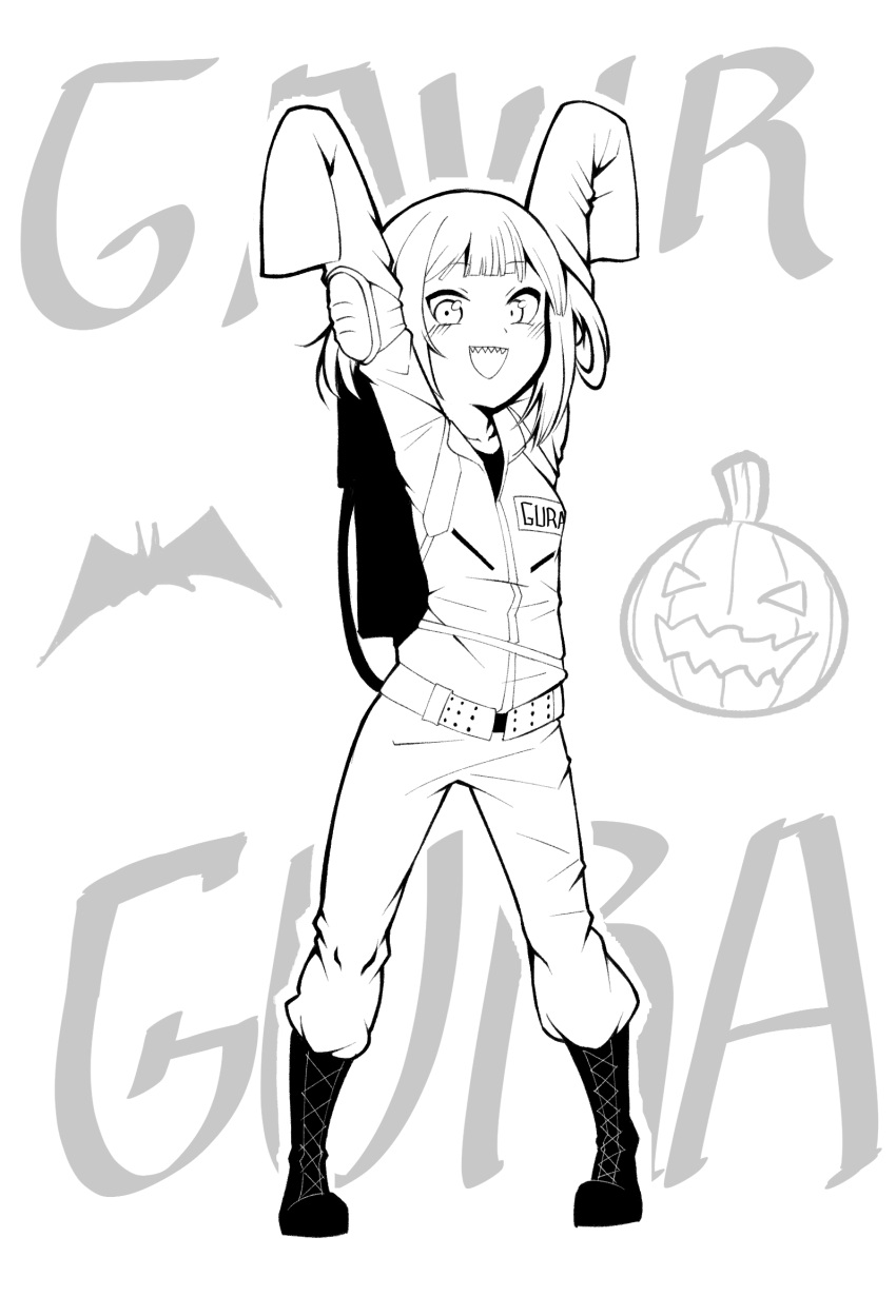 1girl black_footwear boots character_name cosplay cross-laced_footwear english_commentary ex-walmart_wagie gawr_gura ghostbusters halloween highres hololive hololive_english jack-o'-lantern jumpsuit knee_boots lace-up_boots lineart long_sleeves monochrome open_mouth sharp_teeth solo teeth