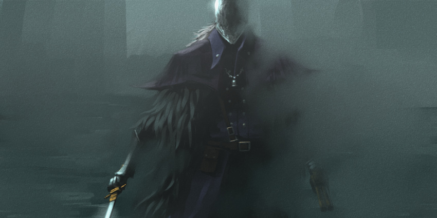 1boy armor bell belt belt_pouch bloodborne bloody_crow_of_cainhurst cloak dual_wielding film_grain fog fur_trim gauntlets greaves grey_hair gun helm helmet holding holding_gun holding_sword holding_weapon jewelry long_hair male_focus necklace pouch skiba solo sword weapon