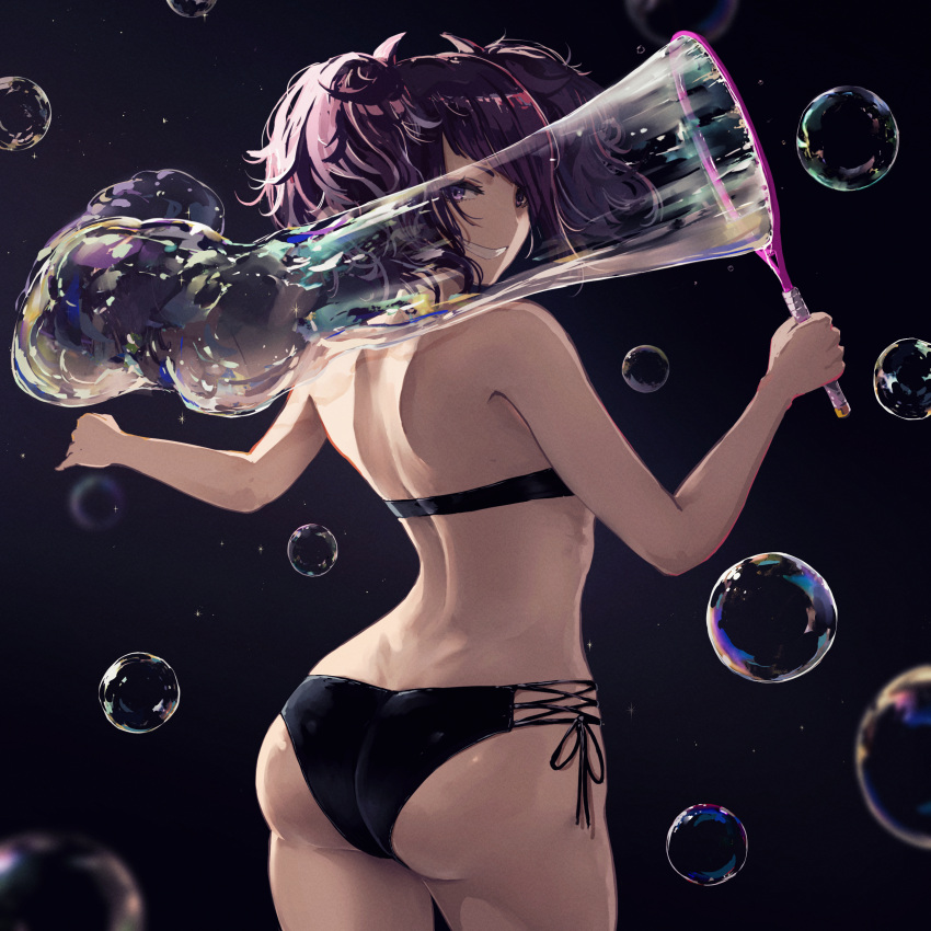 1girl :d absurdres ass back bangs bare_arms bare_shoulders bikini black_bikini cowboy_shot dark_background diagonal_bangs dimples_of_venus from_behind grin highres idolmaster idolmaster_shiny_colors looking_at_viewer looking_back minyom open_mouth purple_hair short_hair short_twintails side-tie_bikini smile soap_bubbles solo swimsuit tanaka_mamimi teeth twintails violet_eyes