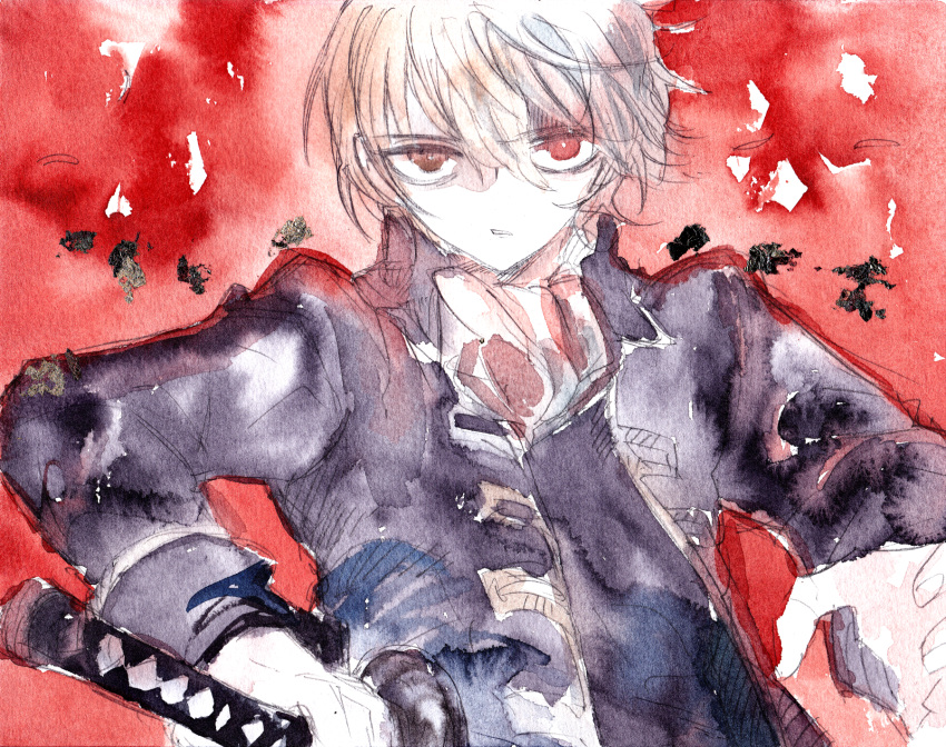 1boy ameranpu blonde_hair fingernails gintama hair_between_eyes hatching_(texture) highres holding holding_sword holding_weapon katana male_focus okita_sougo parted_lips red_background red_eyes sketch solo sword traditional_media upper_body watercolor_(medium) weapon