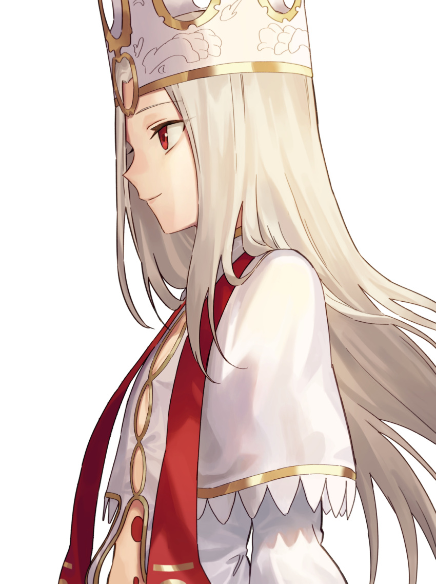 1girl 7aehyun bangs breasts capelet crown dress dress_of_heaven fate/stay_night fate_(series) heaven's_feel highres illyasviel_von_einzbern long_hair long_sleeves looking_to_the_side red_eyes sash simple_background small_breasts smile white_background white_dress white_hair