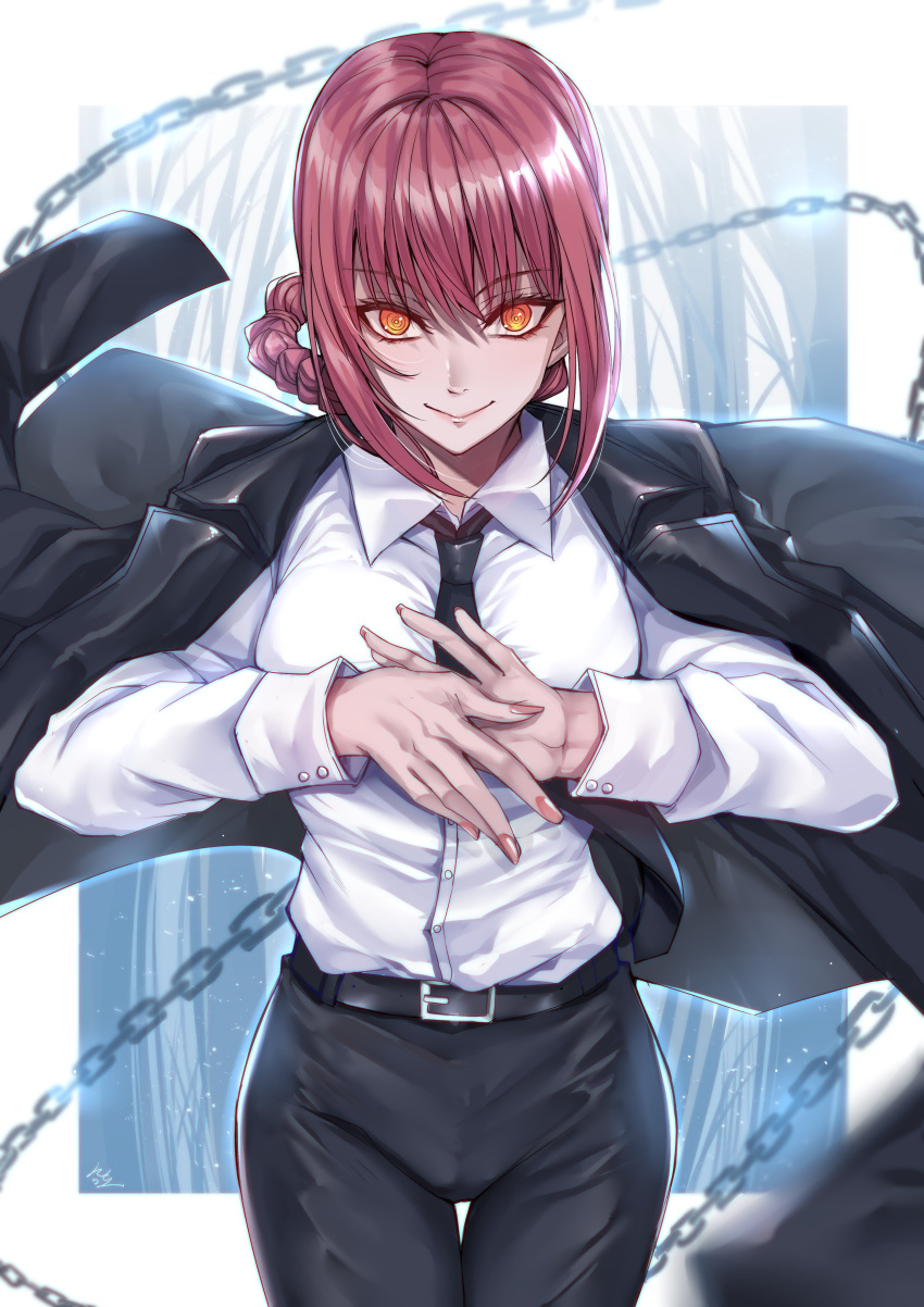 1girl absurdres bangs black_jacket black_neckwear black_pants braid braided_ponytail brown_hair business_suit chainsaw_man collared_shirt formal gu_li hand_gesture hands_together highres jacket jacket_removed light_smile long_hair long_sleeves looking_at_viewer makima_(chainsaw_man) necktie office_lady pants ringed_eyes shirt shirt_tucked_in smile solo suit white_shirt yellow_eyes