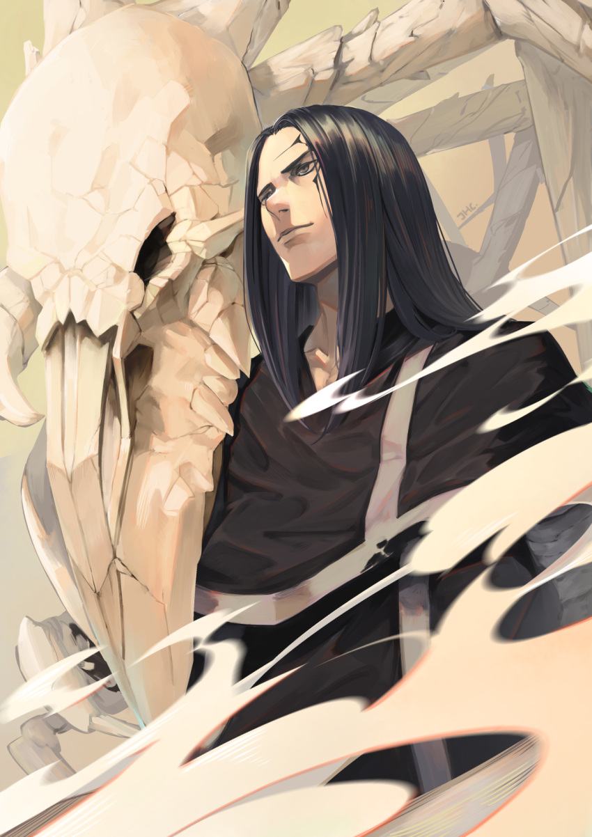 1boy black_hair closed_mouth collarbone crack dust dust_cloud facial_mark grey_eyes highres jhc_kai levius light_smile long_hair male_focus monster signature skeleton skull smile solo torn torn_clothes