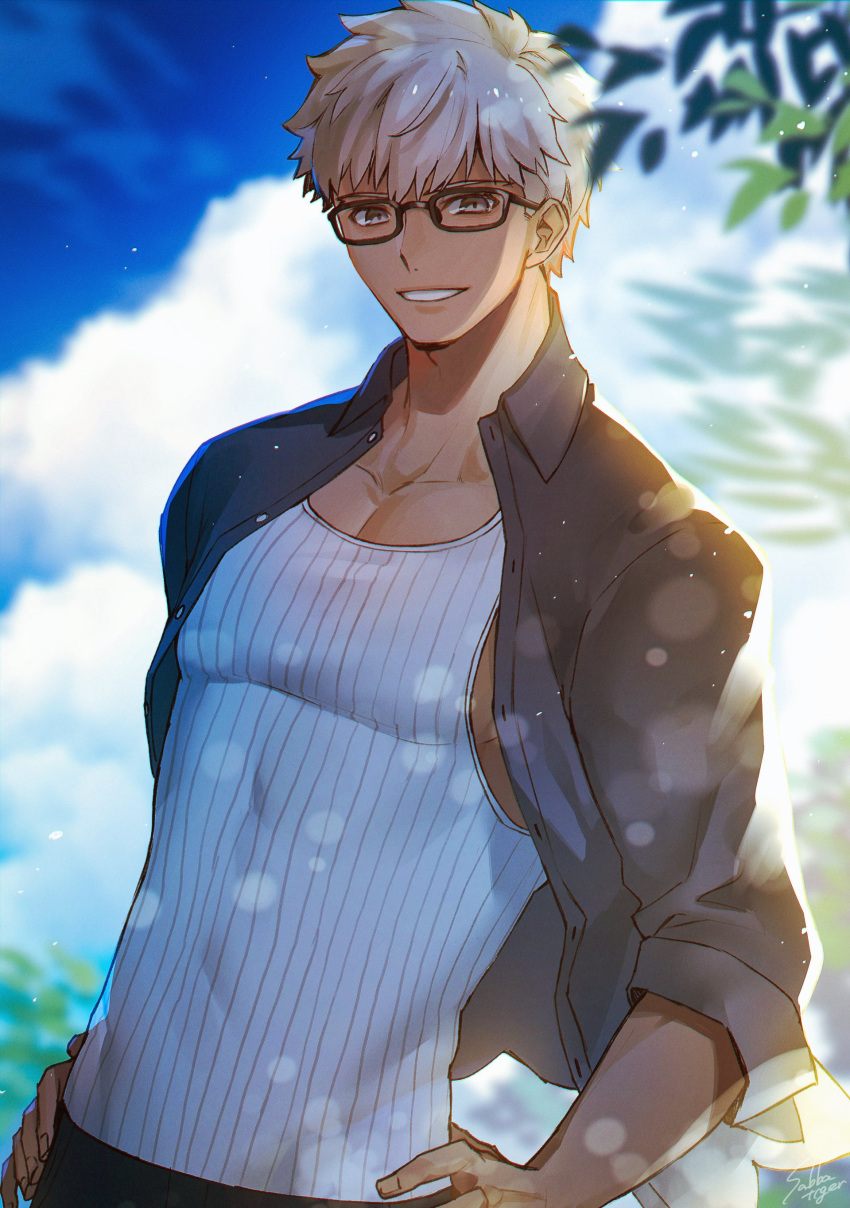 1boy absurdres alternate_costume archer brown_eyes chest dark_skin dark_skinned_male fate/grand_order fate/stay_night fate_(series) glasses highres jacket looking_at_viewer male_focus muscle open_clothes open_jacket saba_tora short_hair solo summer_casual_(fate/grand_order) tank_top toned toned_male upper_body white_hair white_tank_top