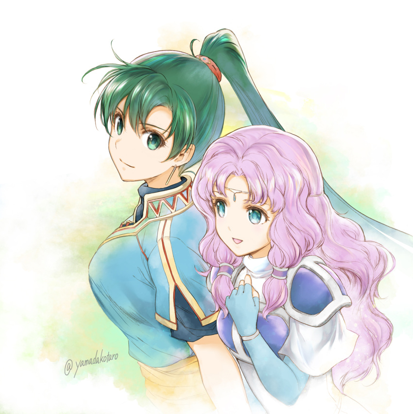 1girl armor artist_name bangs blue_dress blue_eyes breastplate breasts circlet closed_mouth commentary dress earrings fire_emblem fire_emblem:_the_blazing_blade florina_(fire_emblem) green_background green_eyes green_hair hand_on_own_chest highres jewelry long_hair looking_at_another lyn_(fire_emblem) medium_breasts parted_bangs ponytail purple_hair scrunchie sidelocks simple_background smile solo twitter_username upper_body wavy_hair white_background yamada_koutarou