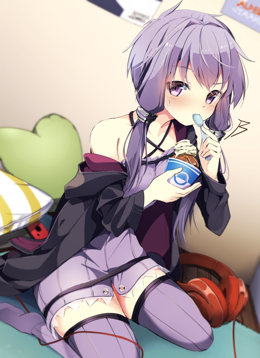 1girl absurdres bare_shoulders black_jacket blurry blurry_background collarbone commentary criss-cross_halter dress dutch_angle eating food hair_tubes halterneck headphones heart heart_pillow highres holding holding_spoon hood hooded_jacket ice_cream ice_cream_cup indoors jacket jacket_removed looking_at_viewer pillow purple_dress purple_hair purple_legwear raised_eyebrow rasu_(mtn) room seiza short_hair_with_long_locks sidelocks sitting solo spoon spoon_in_mouth thigh-highs violet_eyes vocaloid voiceroid yuzuki_yukari zettai_ryouiki