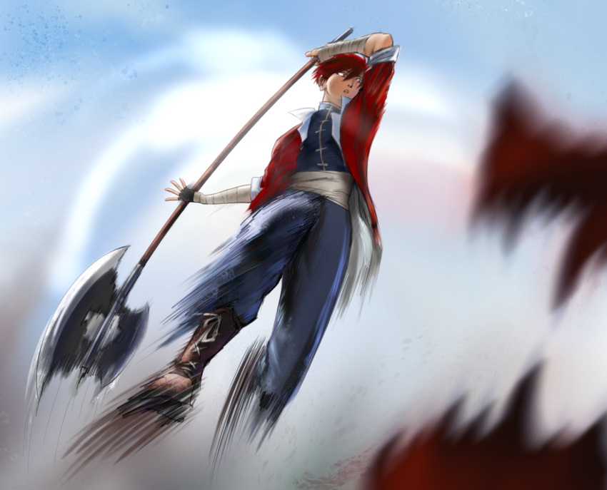 1boy axe blue_pants blue_sky blurry_foreground brown_footwear day dragon frank_leung highres holding holding_weapon jumping male_focus motion_blur open_mouth outdoors pants red_eyes redhead sky sousou_no_frieren stark_(sousou_no_frieren) weapon