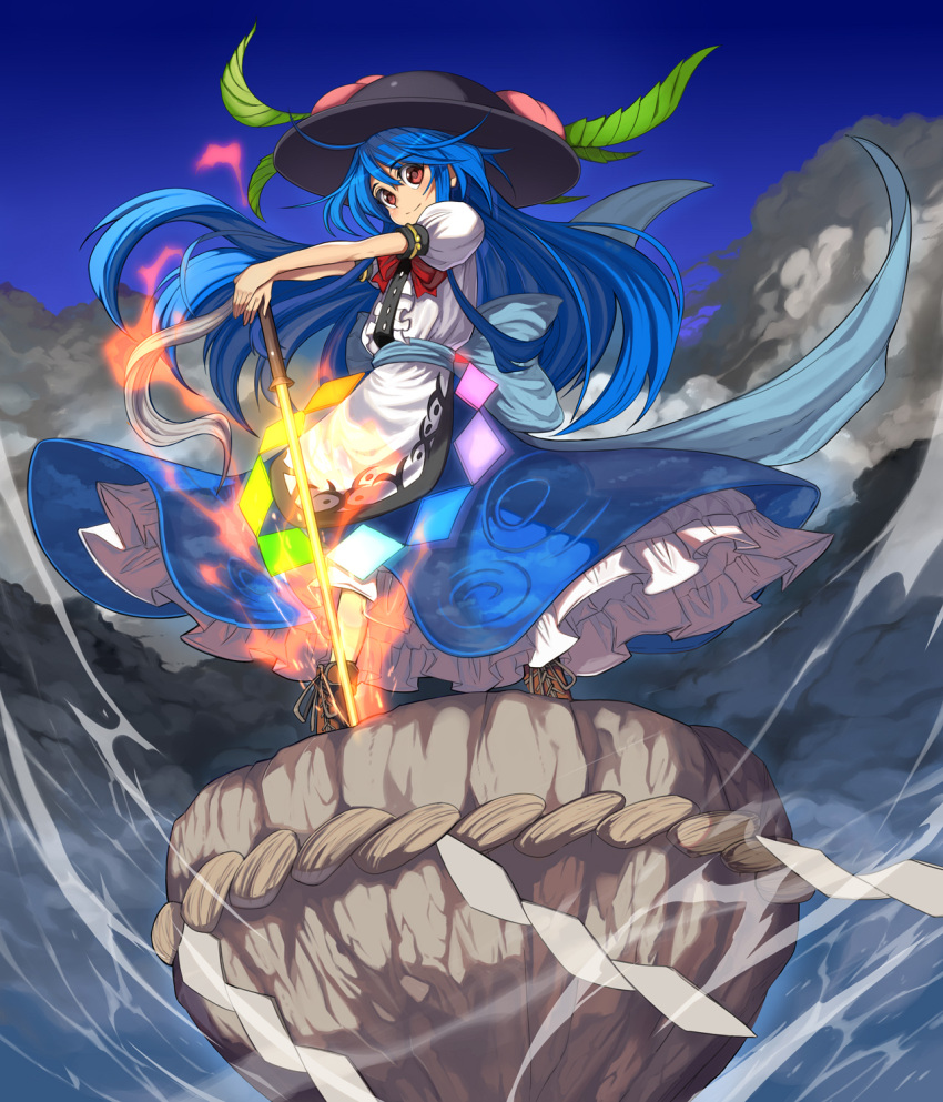 1girl apron back_bow black_headwear blue_bow blue_hair blue_skirt boots bow bowtie brown_footwear center_frills clouds commentary_request flaming_sword flaming_weapon food frills fruit hat hat_ornament highres hinanawi_tenshi keystone long_hair long_skirt looking_at_viewer outstretched_arms peach planted_sword planted_weapon red_eyes red_neckwear shide shope skirt smile solo standing sword sword_of_hisou touhou waist_apron weapon wind