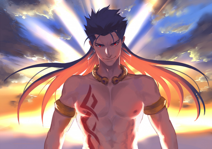 1boy abs alternate_costume alternate_hairstyle armlet bare_shoulders blue_hair bodypaint choker closed_mouth clouds cu_chulainn_(fate)_(all) day earrings eilinna fate/stay_night fate_(series) floating_hair grin hair_down jewelry lancer long_hair looking_at_viewer male_focus multicolored_hair nipples outdoors pectorals red_eyes shirtless sky smile solo spiky_hair sun sunlight type-moon