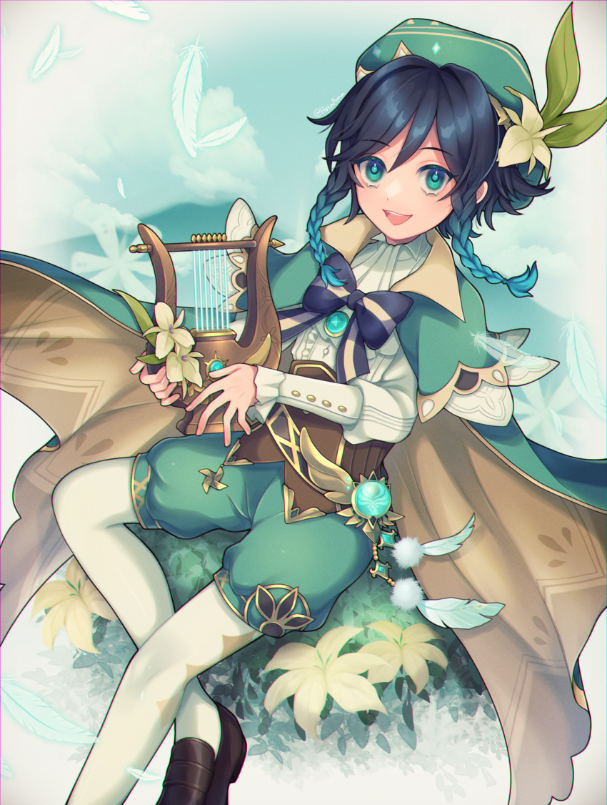 1boy absurdres bard black_hair blue_eyes blue_hair blush braid cape clouds cloudy_sky feathers flower gem genshin_impact gradient_hair green_headwear hat hat_flower highres jewelry kanna-mika leaf long_sleeves looking_at_viewer lyre male_focus multicolored_hair open_mouth otoko_no_ko shoes shorts sky smile solo thigh-highs twin_braids venti_(genshin_impact) vision_(genshin_impact) white_flower white_legwear