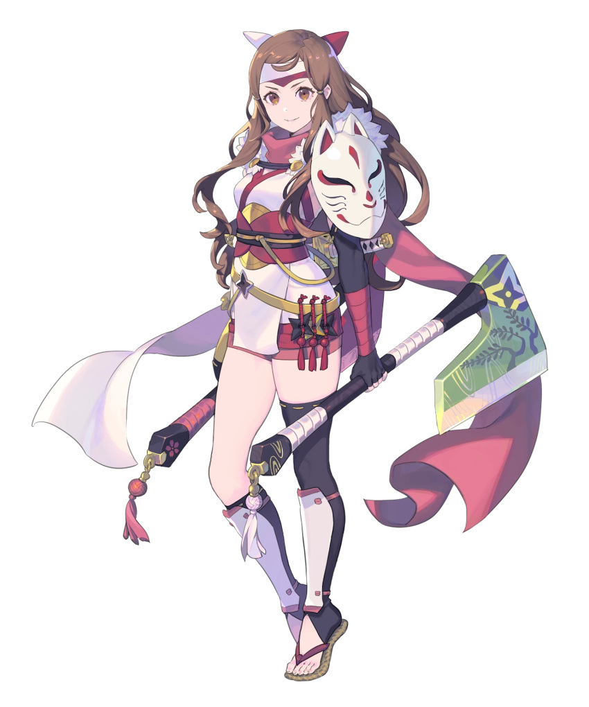 1girl armor asymmetrical_legwear axe bangs battle_axe breasts brown_eyes brown_hair closed_mouth detached_sleeves dual_wielding elbow_gloves enkyo_yuuichirou fingerless_gloves fire_emblem fire_emblem_fates fire_emblem_heroes fox_mask full_body fur_trim gloves hana_(fire_emblem) headband highres holding holding_weapon japanese_clothes long_hair looking_at_viewer mask medium_breasts ninja official_art reverse_grip sandals shin_guards shiny shiny_hair shoulder_armor shuriken smile solo standing sword tied_hair toeless_legwear toes transparent_background weapon