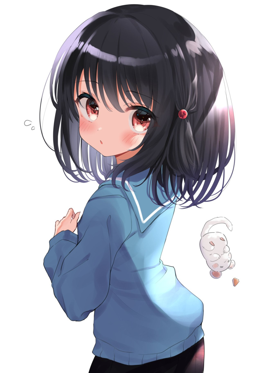 1girl agaki_anko animal bangs black_hair black_skirt blue_sailor_collar blue_shirt blush commentary_request eyebrows_visible_through_hair flying_sweatdrops from_behind granblue_fantasy hair_between_eyes hair_ornament highres long_hair long_sleeves looking_at_viewer looking_back mouse parted_lips red_eyes sailor_collar school_uniform serafuku shirt simple_background skirt solo vikala_(granblue_fantasy) white_background