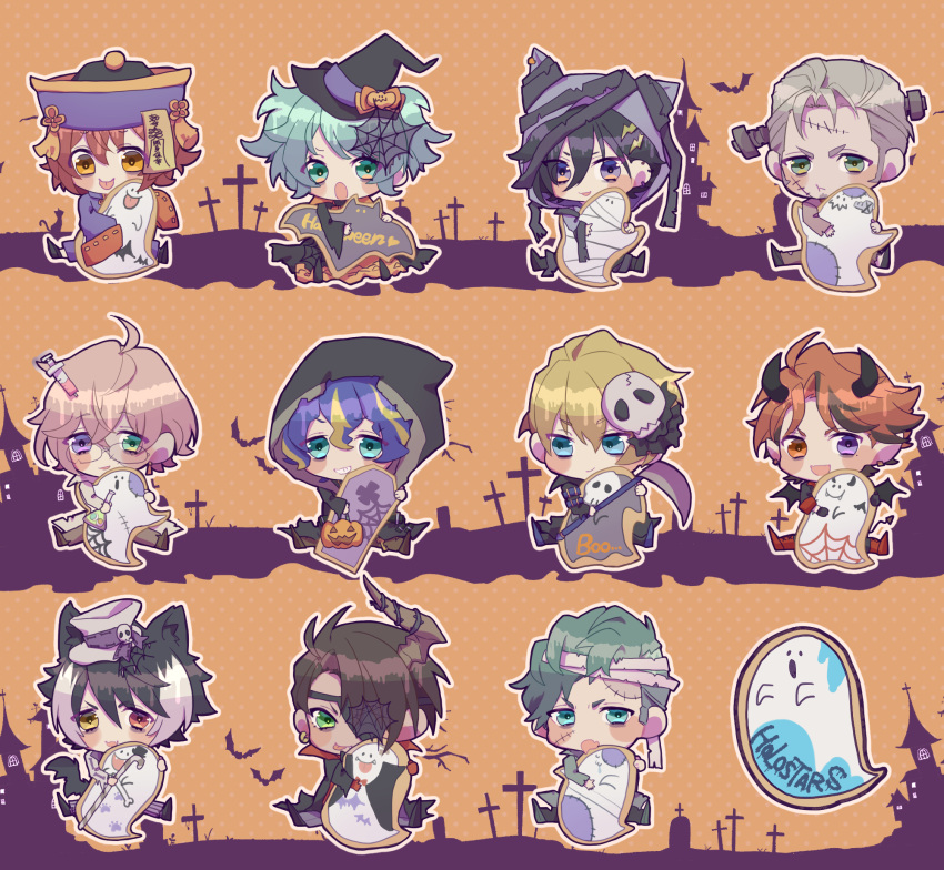 6+boys :d :o :t animal_ears aragami_ouga arurandis astel_leda black_hair blonde_hair blue_hair blush_stickers brown_hair chibi daidou_shinove eyepatch frankenstein full_body green_eyes green_hair grin hair_between_eyes halloween halloween_costume hanasaki_miyabi hat heterochromia highres holding holding_scythe holostars hood hood_up jackal_ears jiangshi jiangshi_costume jinra_(mkzk_116) kagami_kira kageyama_shien kanade_izuru kishido_temma light_brown_hair looking_at_viewer looking_to_the_side male_focus multicolored_hair multiple_boys open_mouth orange_eyes red_eyes redhead rikka_(holostars) scythe short_hair silk sitting smile spider_web streaked_hair tongue tongue_out v-shaped_eyebrows vampire_costume violet_eyes virtual_youtuber white_hair witch_hat yukoku_roberu zombie