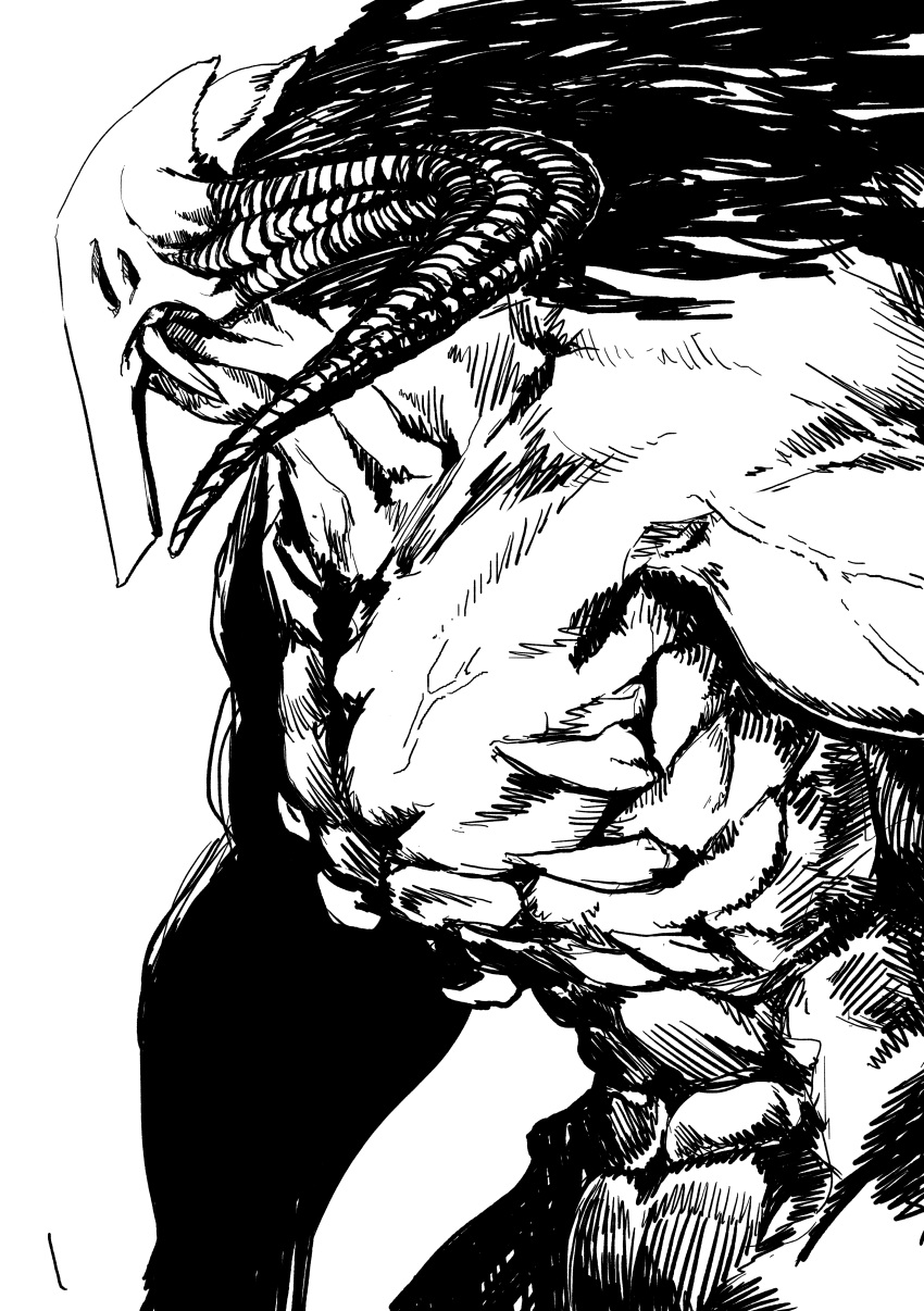 1boy absurdres collarbone completely_nude greyscale hatching_(texture) highres horns long_hair male_focus mask monochrome monster muscle navel nude original ribs shirtless simple_background sister_plz solo veins white_background
