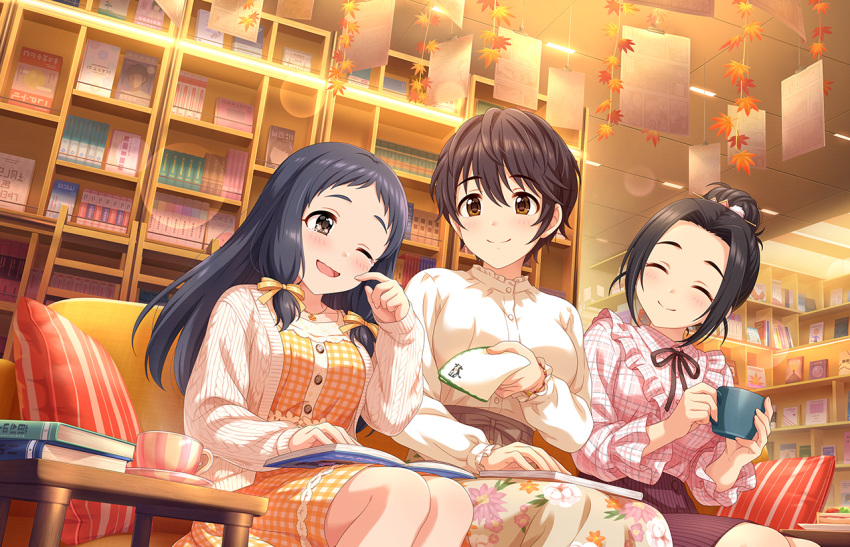 black_hair blush dress idolmaster_cinderella_girls_starlight_stage long_hair oonuma_kurumi red_eyes smile wink