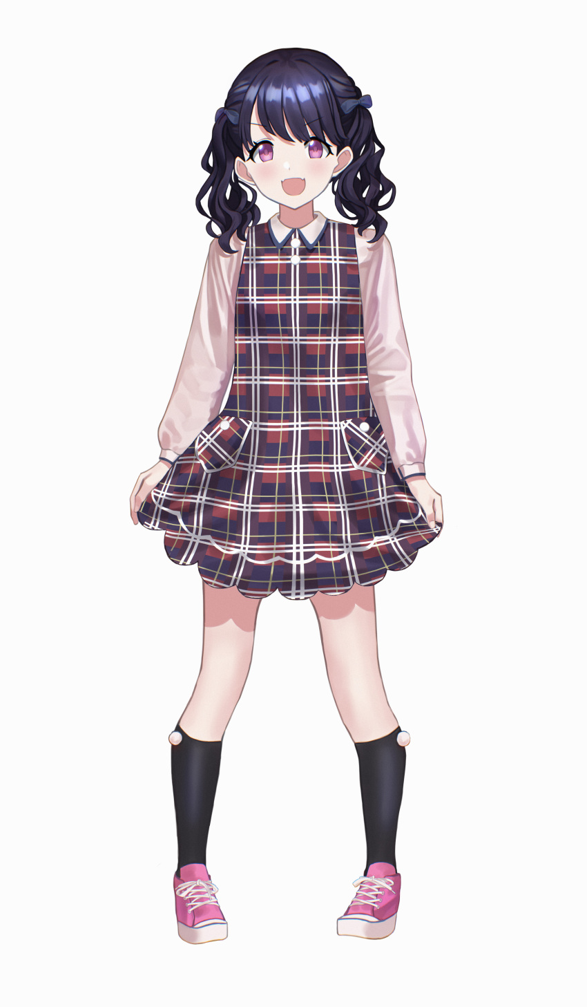 1girl absurdres andoplus black_hair black_legwear black_ribbon commentary_request dress fangs fukumaru_koito full_body hair_ribbon highres idolmaster idolmaster_shiny_colors kneehighs long_sleeves looking_at_viewer medium_hair open_mouth pink_footwear plaid plaid_dress ribbon shoes short_dress skin_fangs skirt_hold sneakers solo twintails violet_eyes white_background