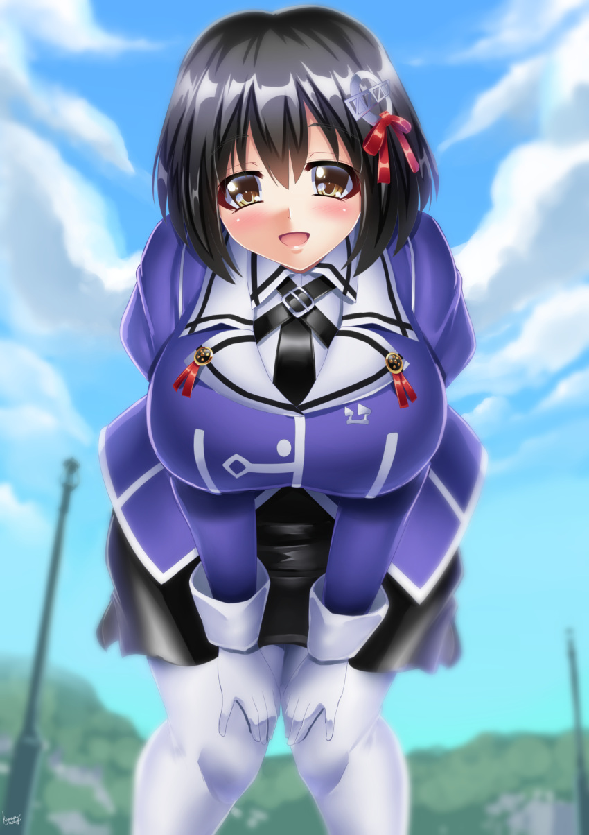 1girl black_hair blush breasts brown_eyes gloves haguro_(kantai_collection) hair_ornament hairclip highres impossible_clothes kantai_collection kogawawaki lamppost large_breasts looking_at_viewer military military_uniform necktie open_mouth shiny shiny_hair shiny_skin short_hair sky smile tight uniform white_gloves white_legwear