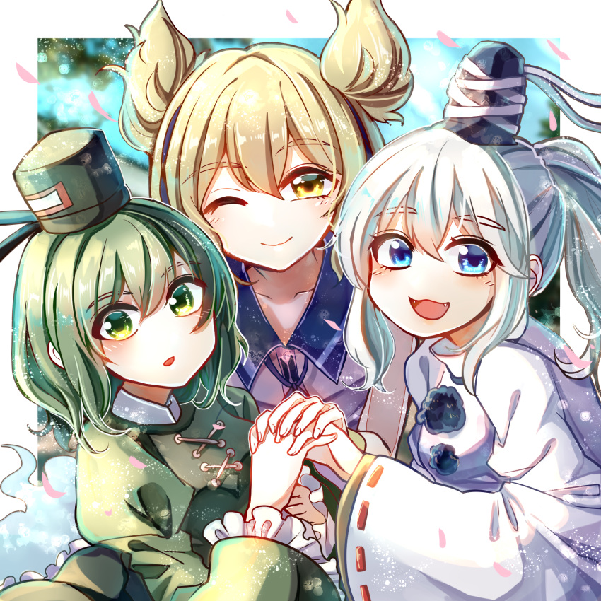 3girls :3 :d :o ;) blonde_hair blue_eyes blurry blurry_background blush border breasts closed_mouth collarbone commentary_request dress eyebrows_visible_through_hair fangs fingernails flat_chest frills ghost_tail green_dress green_eyes green_hair hair_between_eyes hat highres interlocked_fingers itsumizu juliet_sleeves long_hair long_sleeves looking_at_viewer medium_breasts medium_hair mononobe_no_futo multiple_girls one_eye_closed open_mouth outside_border petals pom_pom_(clothes) ponytail puffy_sleeves sidelocks silver_hair small_breasts smile soga_no_tojiko tate_eboshi touhou toyosatomimi_no_miko upper_body wide_sleeves yellow_eyes