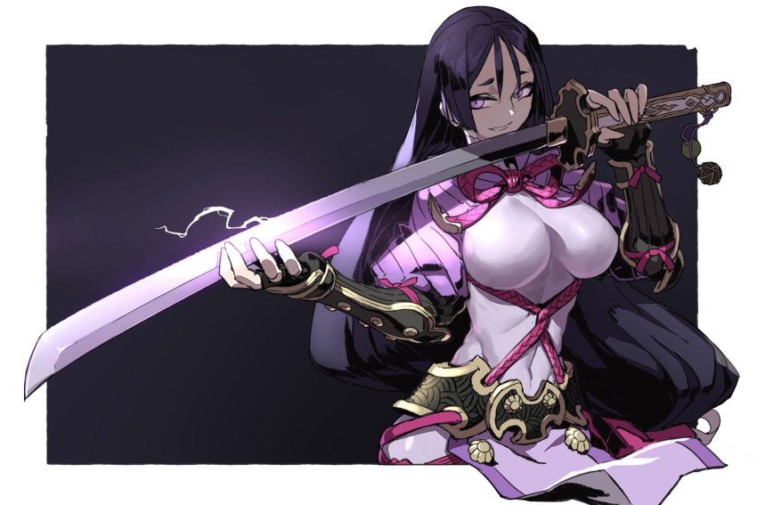 1girl black_gloves blue_pupils covered_navel fate/grand_order fate_(series) fingerless_gloves gloves hair_between_eyes highres holding holding_sword holding_weapon impossible_clothes katana lamian_(pixiv415608) long_hair minamoto_no_raikou_(fate/grand_order) parted_lips pink_neckwear purple_hair shiny smile solo sword vambraces very_long_hair violet_eyes weapon