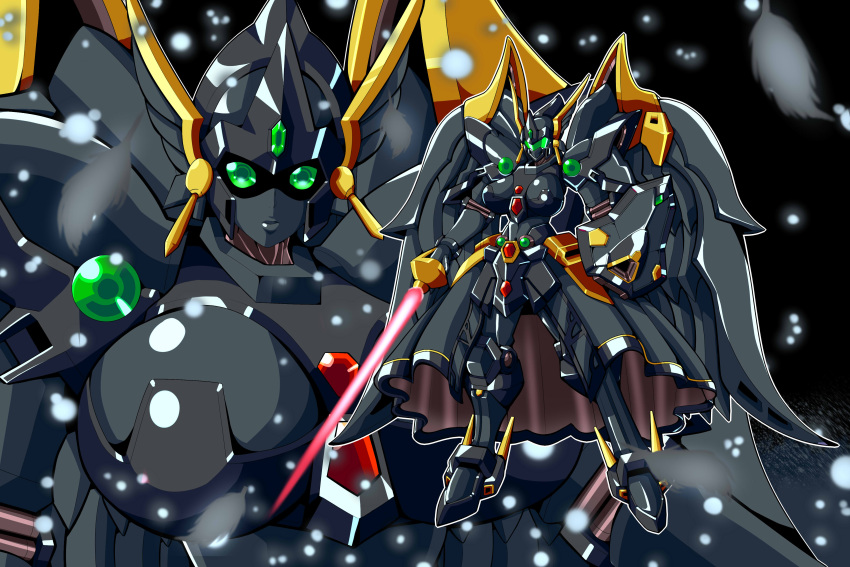 absurdres alternate_color angelg breasts energy_sword green_eyes highres holding holding_sword holding_weapon large_breasts looking_at_viewer mecha mechanical_skirt mechanical_wings glasseson multiple_views no_humans parted_lips shield standing super_robot_wars super_robot_wars_original_generation sword weapon wings