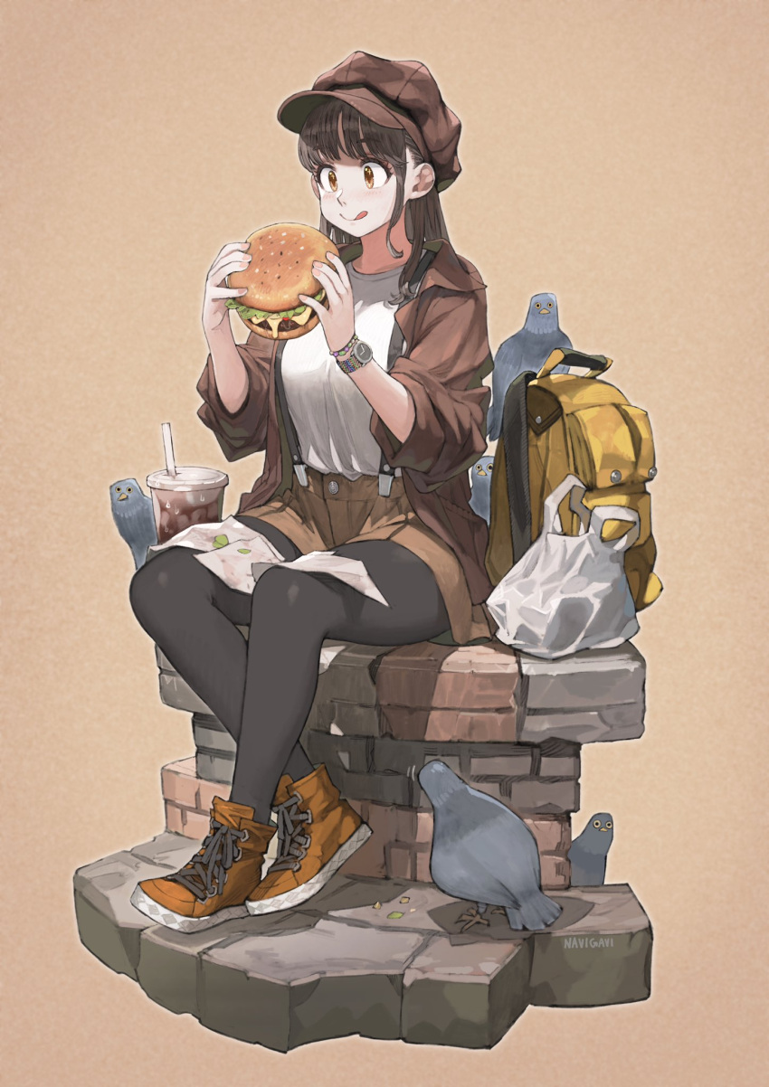 1girl backpack bag bird bracelet brick_wall brown_hair cabbie_hat commentary_request cup disposable_cup drinking_straw dripping eyebrows_visible_through_hair food hamburger hat highres holding holding_food jacket jewelry jun_(seojh1029) licking_lips medium_hair napkin original pantyhose pigeon red_footwear shoes shorts sidelocks signature simple_background sitting sparkling_eyes suspenders tongue tongue_out watch watch